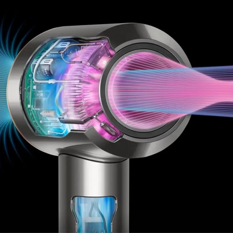 Cabezal del Dyson Supersonic HD07 en níquel y cobre, con chorro de aire rosa-azul y corte interno visible del motor digital y sensores de control térmico