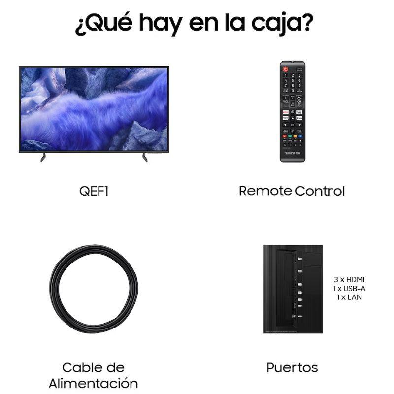 Samsung QE1F 50 QLED 4K 2025 negro con biseles delgados, control remoto, cable de alimentación y puertos laterales 3x HDMI, 1x USB-A y 1x LAN