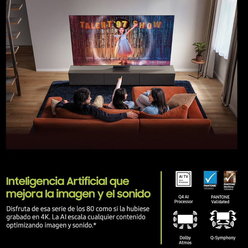 Samsung QE1F 50 QLED 4K negro con biseles delgados, pantalla grande brillante, validación Pantone, procesador IA, Dolby Atmos y Q-Symphony en sala moderna