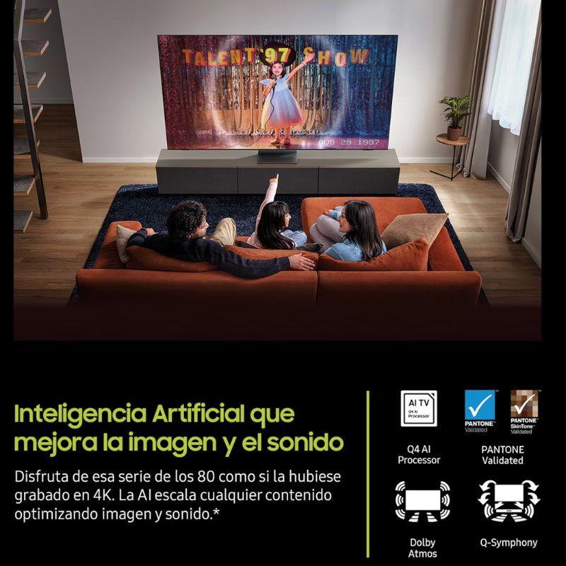 Samsung QE1F 50 QLED 4K negro con biseles delgados, pantalla grande brillante, validación Pantone, procesador IA, Dolby Atmos y Q-Symphony en sala moderna