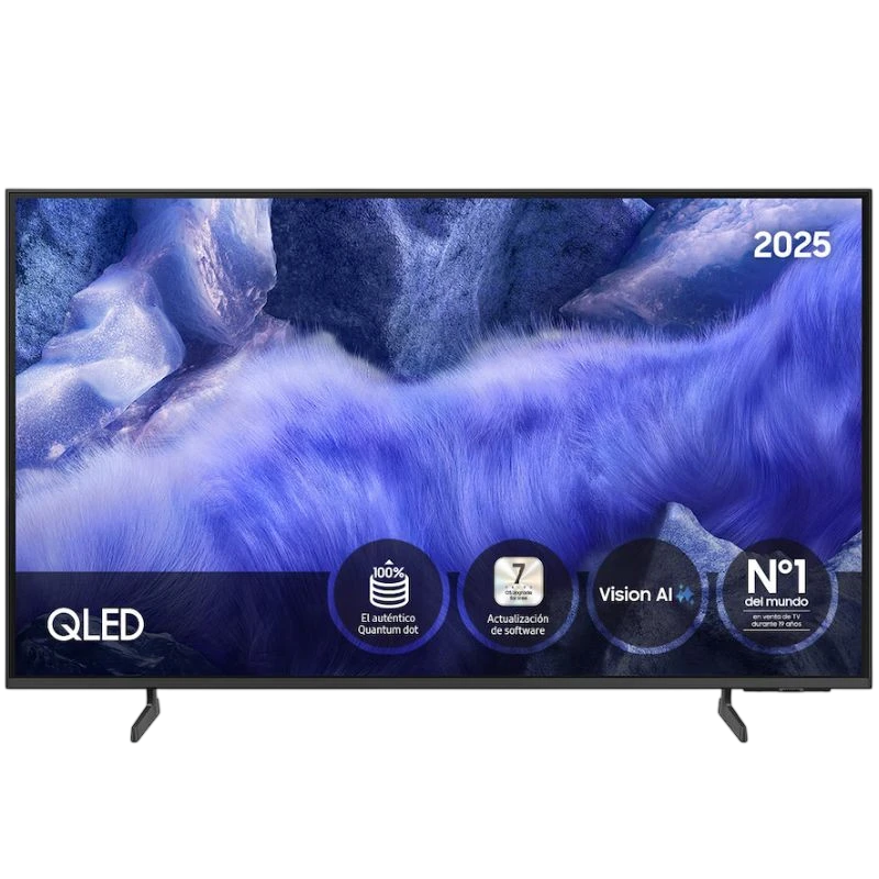 Samsung QE1F 50 QLED 4K Vision AI 2025 en negro con biseles delgados, base de dos patas y pantalla vibrante con Quantum Dot y etiquetas de funciones destacadas