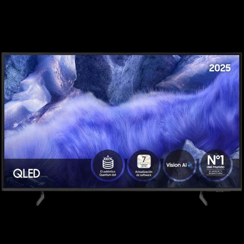 Samsung QE1F 50 QLED 4K Vision AI 2025 en negro con biseles delgados, base de dos patas y pantalla vibrante con Quantum Dot y etiquetas de funciones destacadas