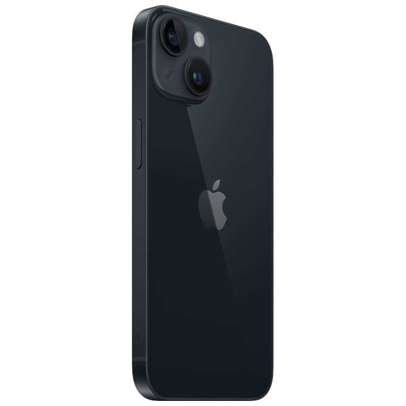 iPhone 14 Plus 256GB Medianoche reacondicionado premium, acabado oscuro brillante, doble cámara trasera con lentes grandes, bordes planos y logo Apple
