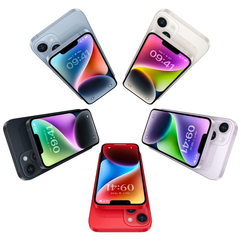 iPhone 14 Plus 256GB Medianoche reacondicionado premium; pantalla grande con notch, bordes curvos, cámara dual trasera y varios colores visibles en abanico