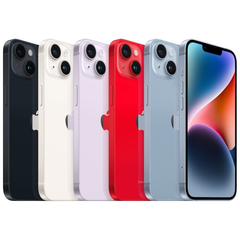 Gama de iPhone 14 Plus 256GB Medianoche Reacondicionado Premium con notch, doble cámara trasera y acabados en negro, blanco, púrpura, rojo y azul