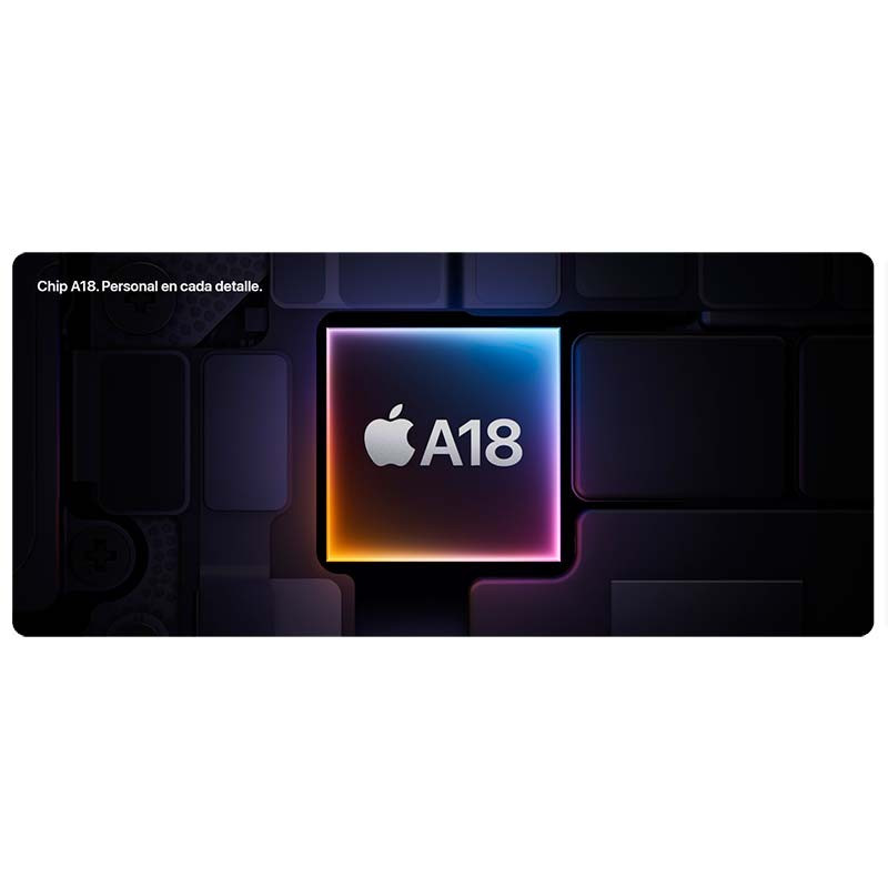 Chip A18 con borde luminoso multicolor sobre fondo oscuro de módulos. Destaca el logo de Apple al centro, diseño limpio y tecnológico.