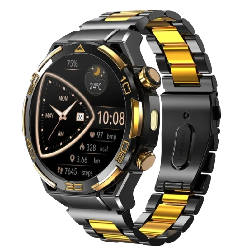 Blackview W90 Pro Negro - Reloj inteligente con GPS, caja metálica negra con detalles dorados, pantalla táctil circular y correa metálica bicolor negra y