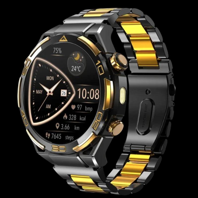 Blackview W90 Pro Preto – smartwatch com caixa robusta, mostrador redondo, tela colorida, botões metálicos e pulseira aço preto e dourado com elos largos