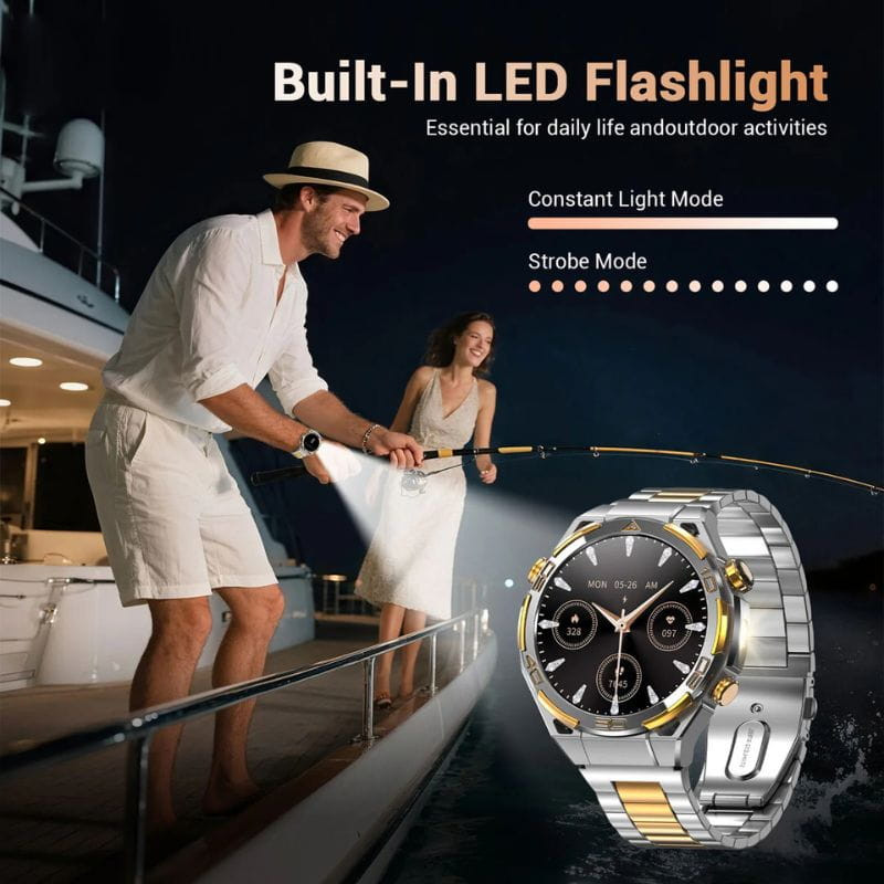 Blackview W90 Pro Preto: smartwatch robusto com caixa metálica prateada e detalhes dourados, mostrador redondo, pulseira aço bicolor e lanterna LED integrada