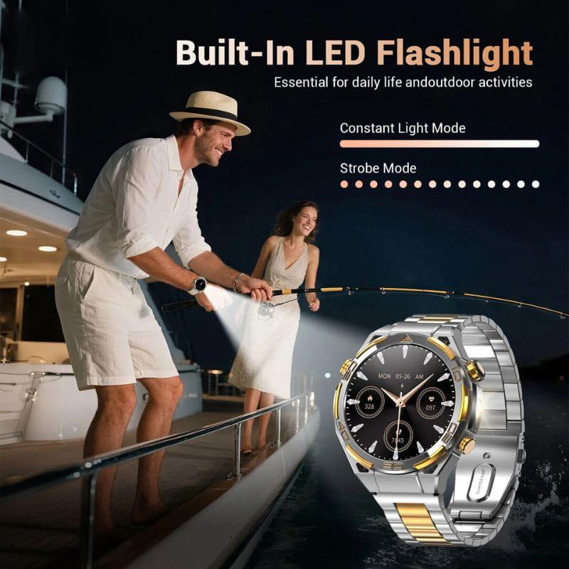 Blackview W90 Pro Preto: smartwatch robusto com caixa metálica prateada e detalhes dourados, mostrador redondo, pulseira aço bicolor e lanterna LED integrada