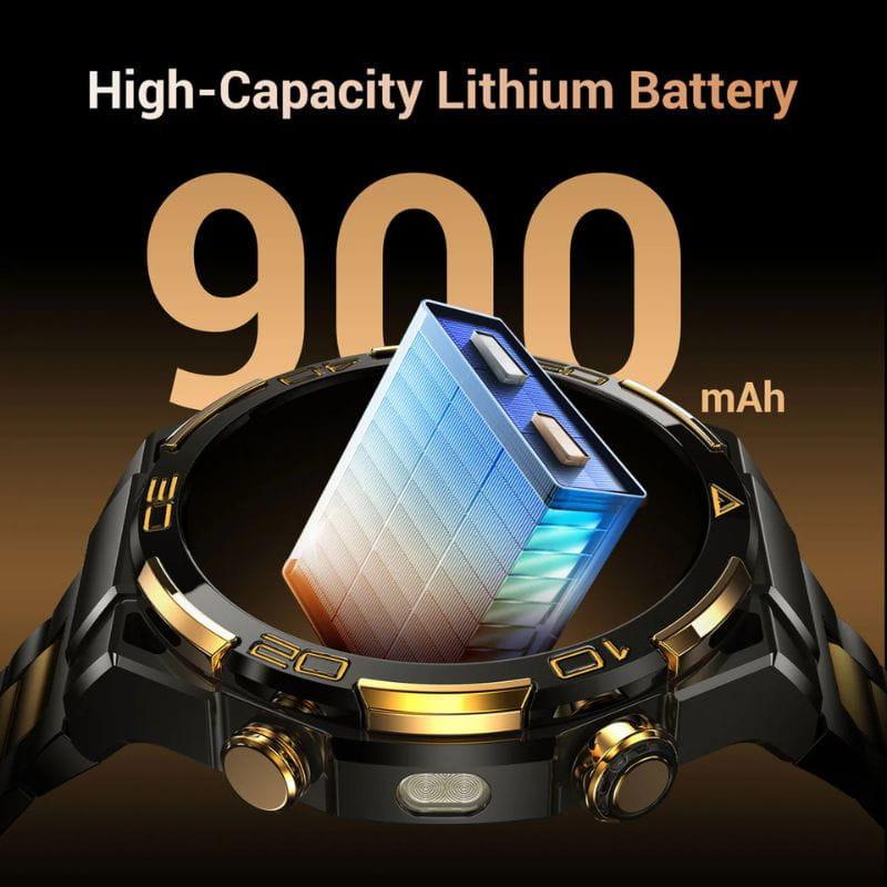 Blackview W90 Pro Preto – relógio inteligente com GPS, corpo robusto preto e dourado, botões laterais metálicos e destaque para bateria de 900 mAh