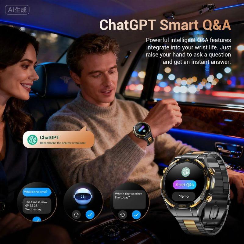 Blackview W90 Pro Preto com tela circular brilhante, mostrador Smart Q&A, pulseira esportiva preta e moldura metálica robusta; destaque para GPS integrado