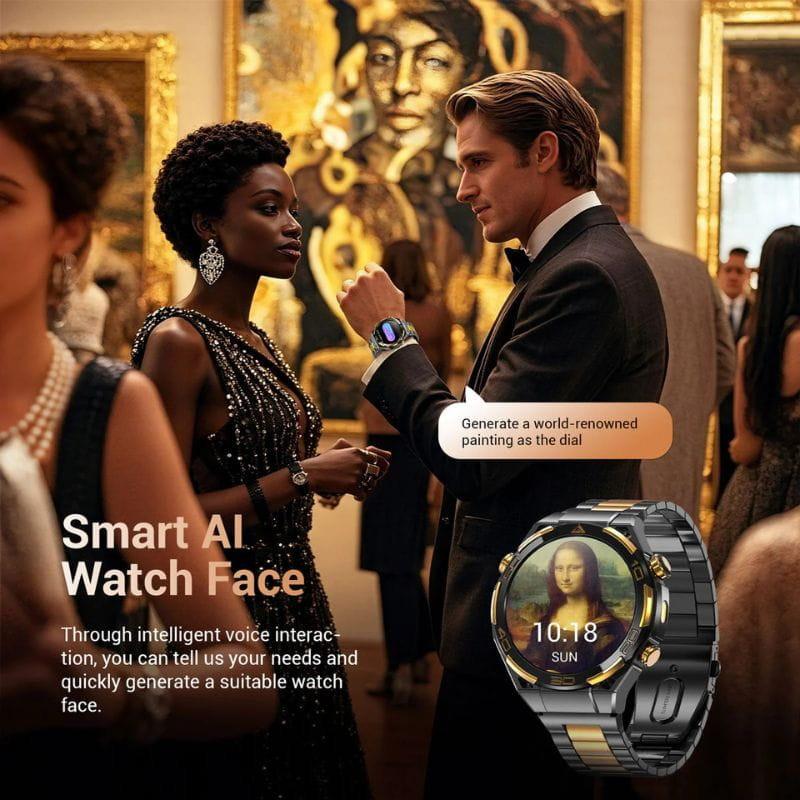 Blackview W90 Pro Preto: smartwatch robusto com pulseira metálica preta e dourada, mostrador circular grande exibindo Mona Lisa, tela colorida e brilho intenso