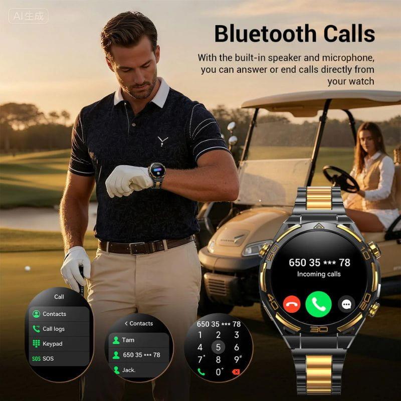 Blackview W90 Pro Preto: smartwatch elegante com GPS, tela redonda colorida, chamadas Bluetooth, mostrador digital, pulseira preta com detalhes dourados