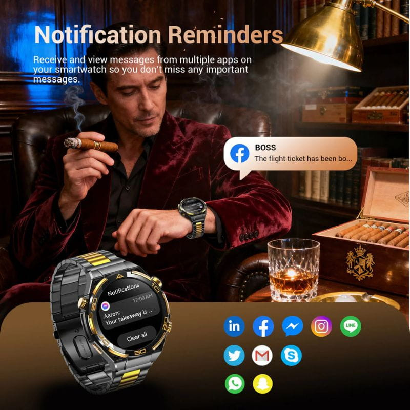 Blackview W90 Pro Preto – smartwatch com GPS, tela circular, pulseira metálica preta com detalhes dourados, mostrador de notificações e botões laterais