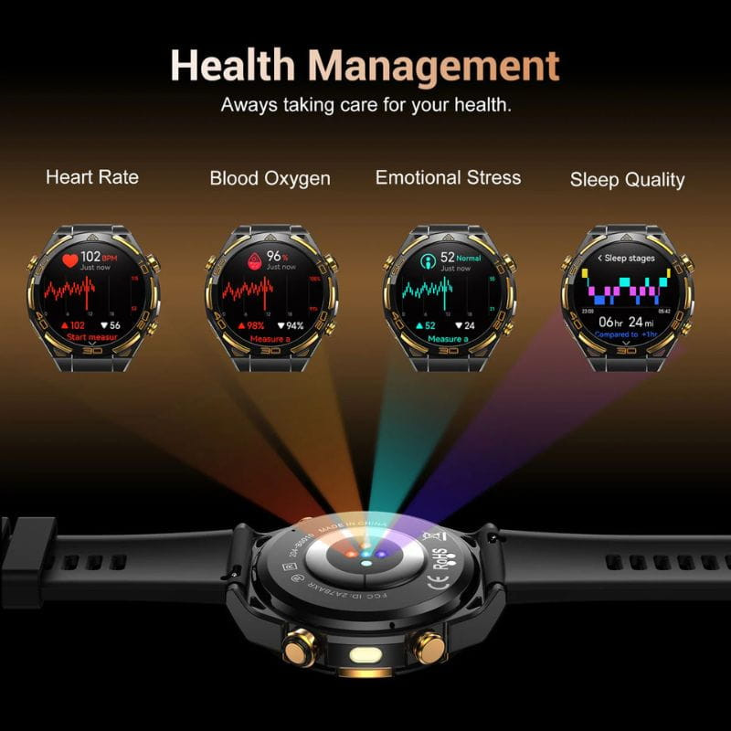 Blackview W90 Pro Preto com tela circular, mostradores de frequência cardíaca, oxigênio, estresse e sono, corpo robusto com botões dourados e pulseira preta