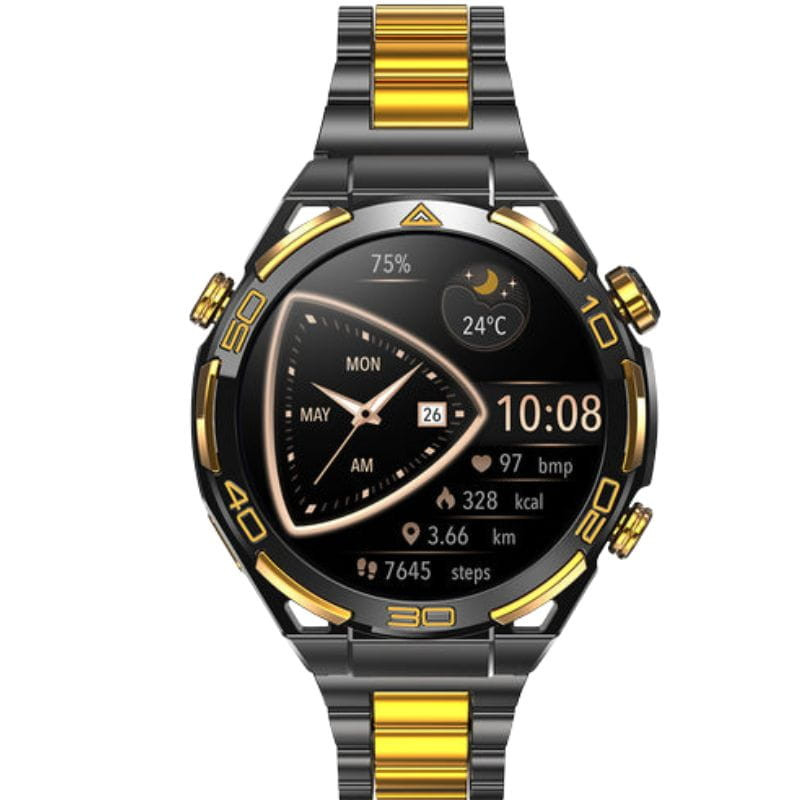 Blackview W90 Pro Preto – relógio inteligente com mostrador redondo, pulseira metálica preta e dourada, tela colorida, botões laterais e bezel numerado