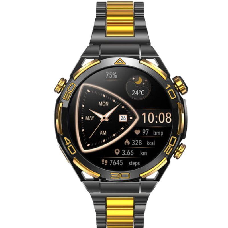 Blackview W90 Pro Preto – relógio inteligente com mostrador redondo, pulseira metálica preta e dourada, tela colorida, botões laterais e bezel numerado