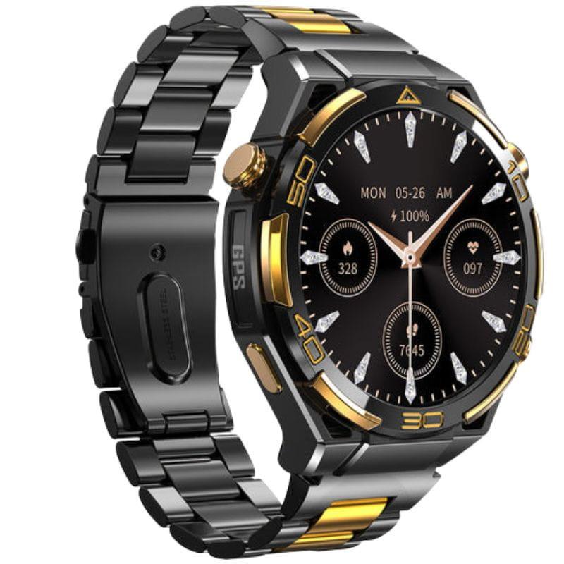 Blackview W90 Pro Preto – relógio inteligente em aço preto com detalhes dourados, mostrador circular, botões laterais, tela colorida e pulseira metálica