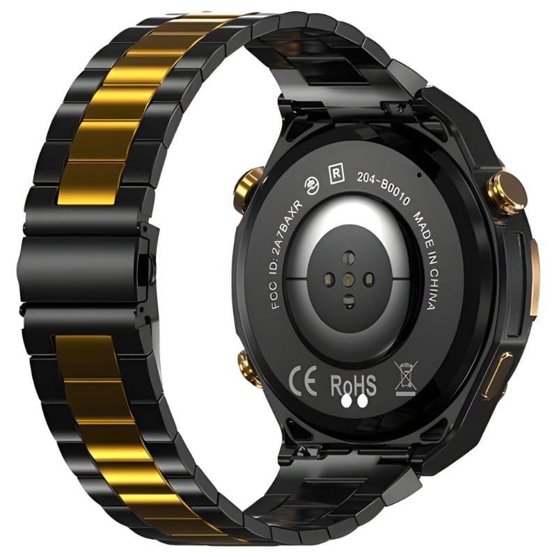 Blackview W90 Pro Preto com pulseira metálica preta e dourada, caixa redonda preta, sensores traseiros e botões laterais dourados; smartwatch com GPS