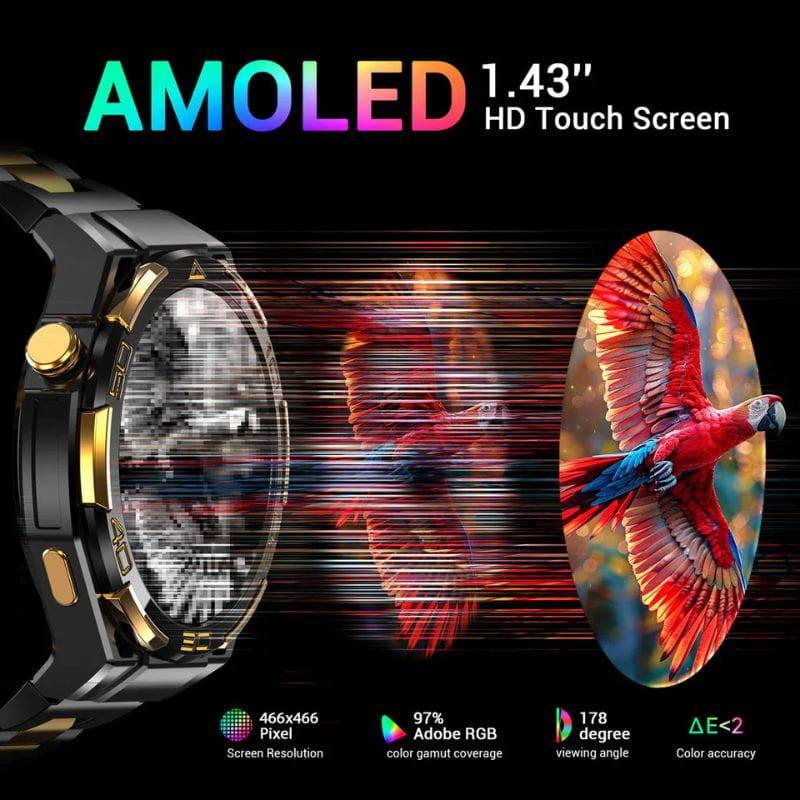 Blackview W90 Pro Preto: smartwatch com tela AMOLED 1.43 HD touch, 466x466, 97% Adobe RGB, ângulo 178°, cores precisas ΔE<2, design robusto preto e dourado