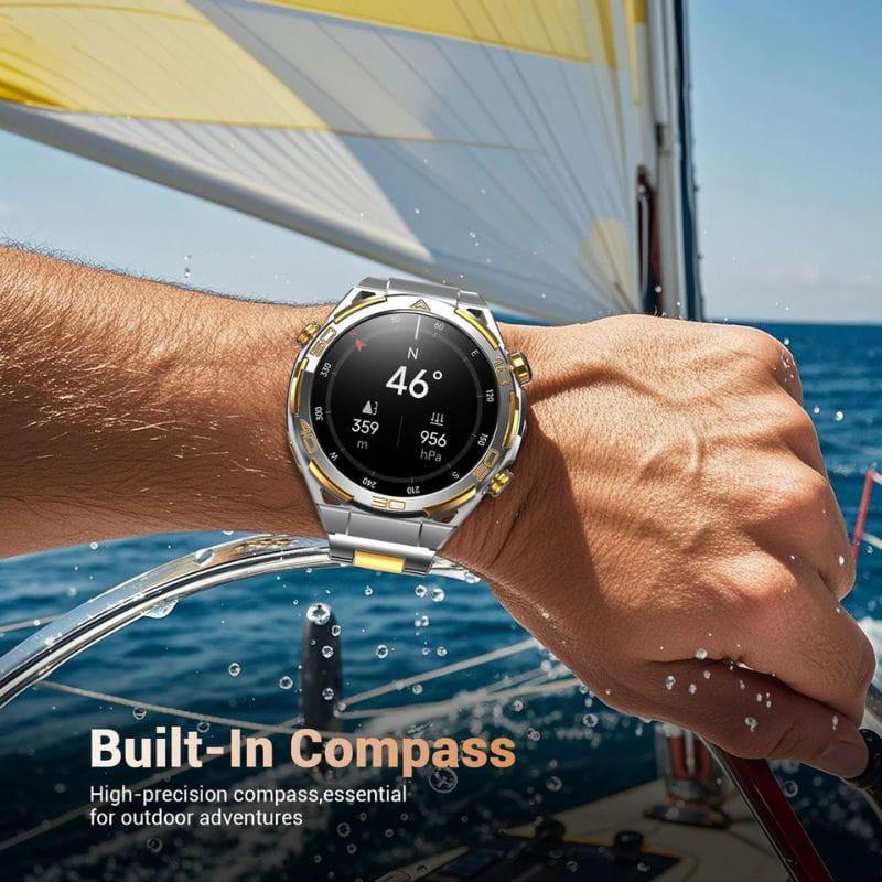 Blackview W90 Pro Plateado con GPS: reloj robusto, bisel metálico, correa plateada, pantalla redonda con brújula integrada y datos de altitud y presión