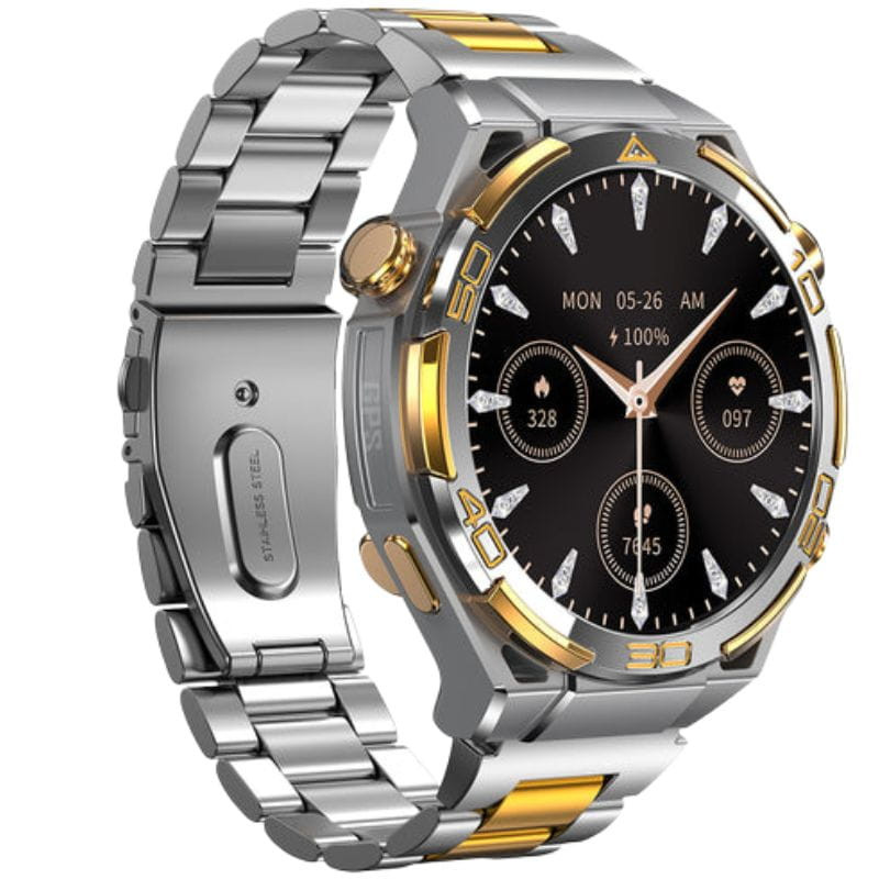 Blackview W90 Pro Plateado - Reloj inteligente de acero inoxidable bicolor con bisel dorado, pantalla circular negra y GPS, botones laterales y correa metálica