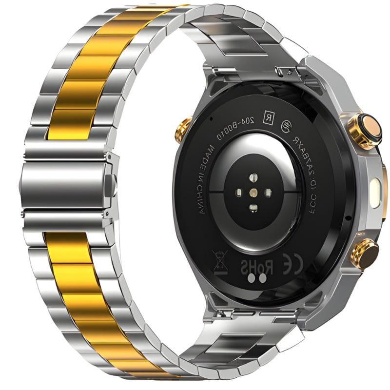 Blackview W90 Pro Plateado - Reloj inteligente con GPS, caja metálica y correa bicolor plateada y dorada, sensores traseros y botones laterales dorados