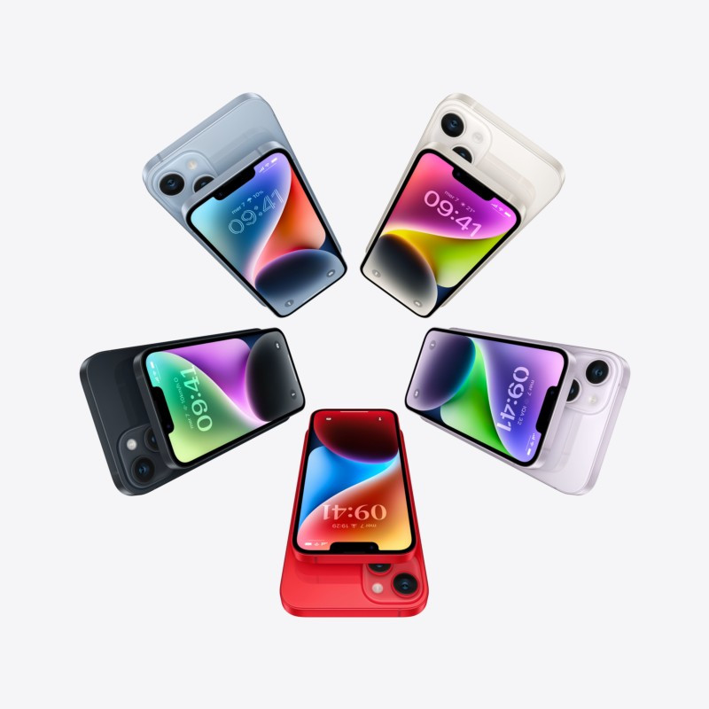 iPhone 14 Plus 256Go Pourpre Rénové État Excellent vu avec d autres coloris; écran bord à bord lumineux, encoche frontale, dos lisse avec double appareil