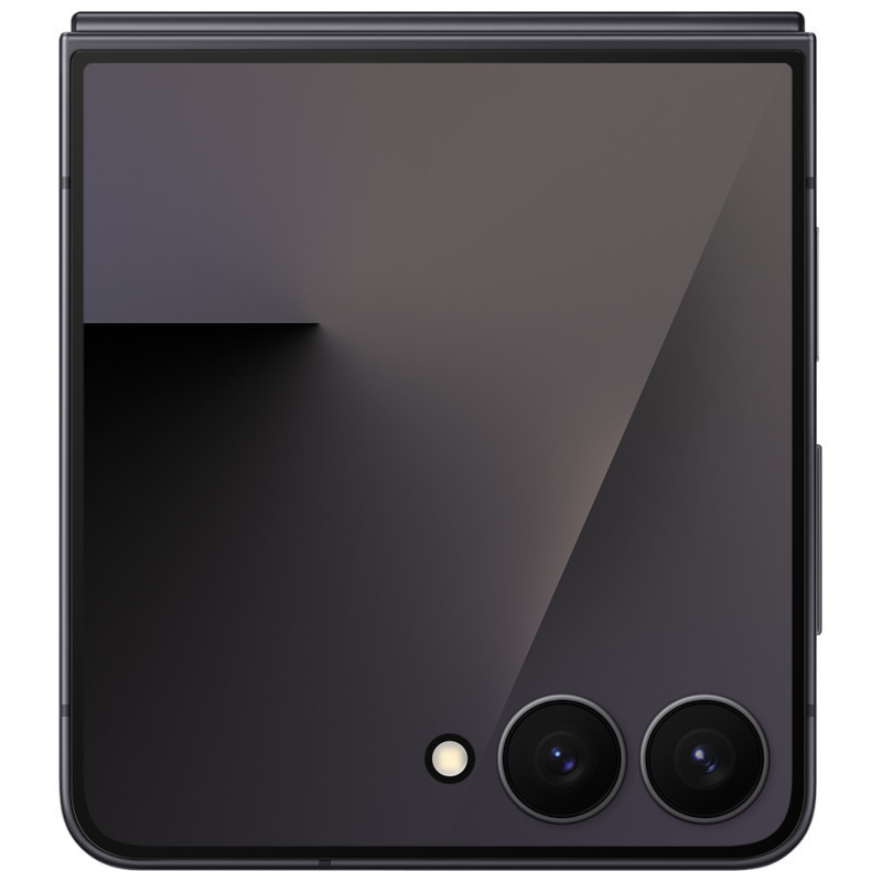 Panneau arrière pliable noir foncé avec écran externe carré, double appareil photo aligné horizontalement et flash, bords fins et design compact élégant