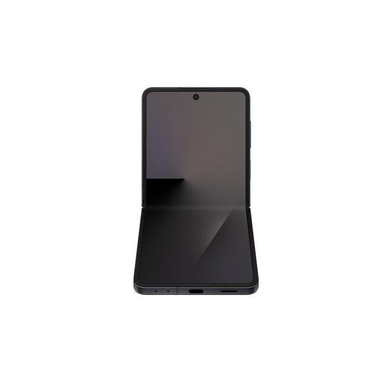 Samsung Galaxy Z Flip7 5G noir foncé ouvert à mi-angle, écran pliable sans bord, charnière centrée, design fin et symétrique, ports alignés en bas