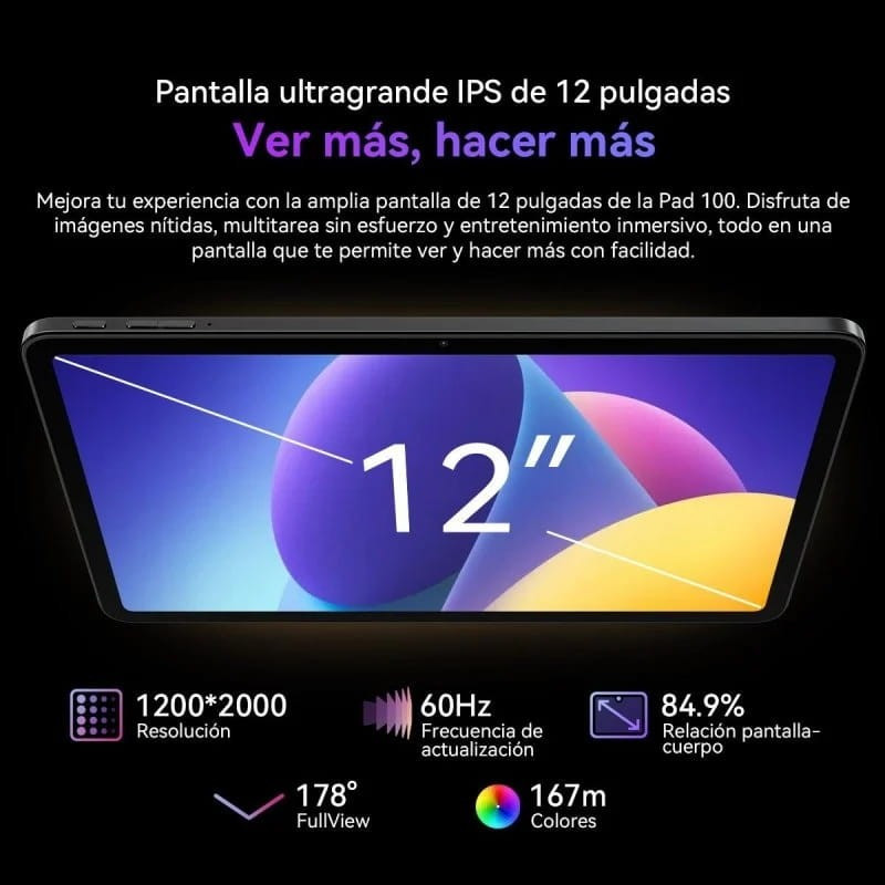 Tablet Oscal Pad 100 gris con pantalla IPS de 12 pulgadas, biseles delgados, 1200x2000, 60Hz, 84.9% de pantalla, 178° de visión y 16.7M colores