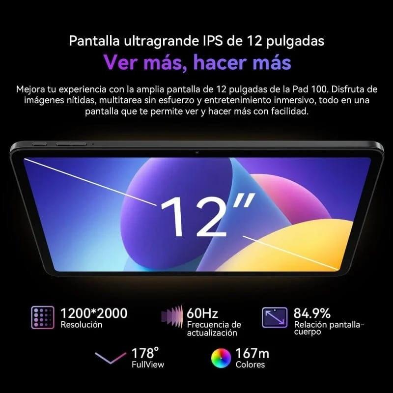 Tablet Oscal Pad 100 gris con pantalla IPS de 12 pulgadas, biseles delgados, 1200x2000, 60Hz, 84.9% de pantalla, 178° de visión y 16.7M colores