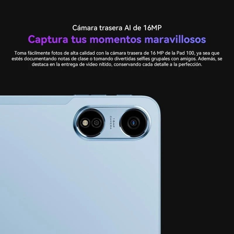 Oscal Pad 100 Gris con cámara trasera dual y módulo ovalado, lente 16 MP con IA y flash, cuerpo metálico elegante, bordes curvos y acabado mate