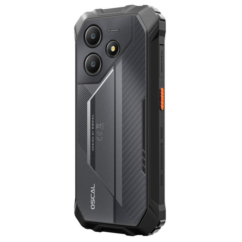 Oscal Marine 2 8GB 128GB preto rugged com traseira robusta, bordas reforçadas, três câmeras traseiras e botão lateral laranja, design resistente e moderno