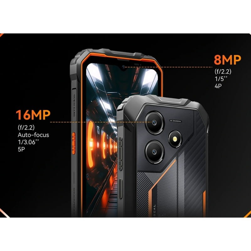Oscal Marine 2 8GB/128GB Preto Rugged com traseira robusta preta e laranja, dupla câmera 16MP e 8MP, tela com bordas reforçadas e design industrial