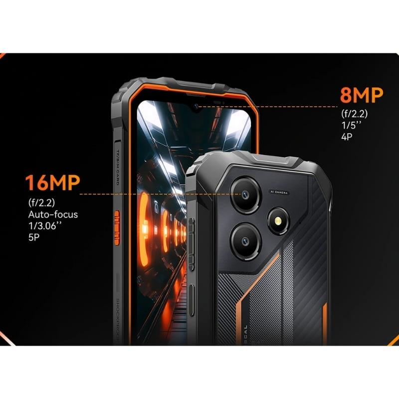 Oscal Marine 2 8GB/128GB Preto Rugged com traseira robusta preta e laranja, dupla câmera 16MP e 8MP, tela com bordas reforçadas e design industrial