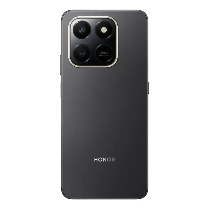 Honor X7D 6GB/128GB Negro con acabado mate, módulo trasero cuadrado con borde dorado y triple cámara destacando sensor 108 MP, logo Honor inferior