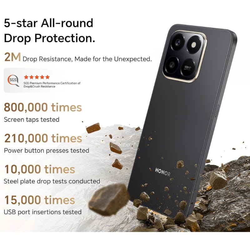 Honor X7D 6GB/128GB negro con módulo de cámara triple grande, acabado mate oscuro y bordes curvos; destaca durabilidad y resistencia a caídas