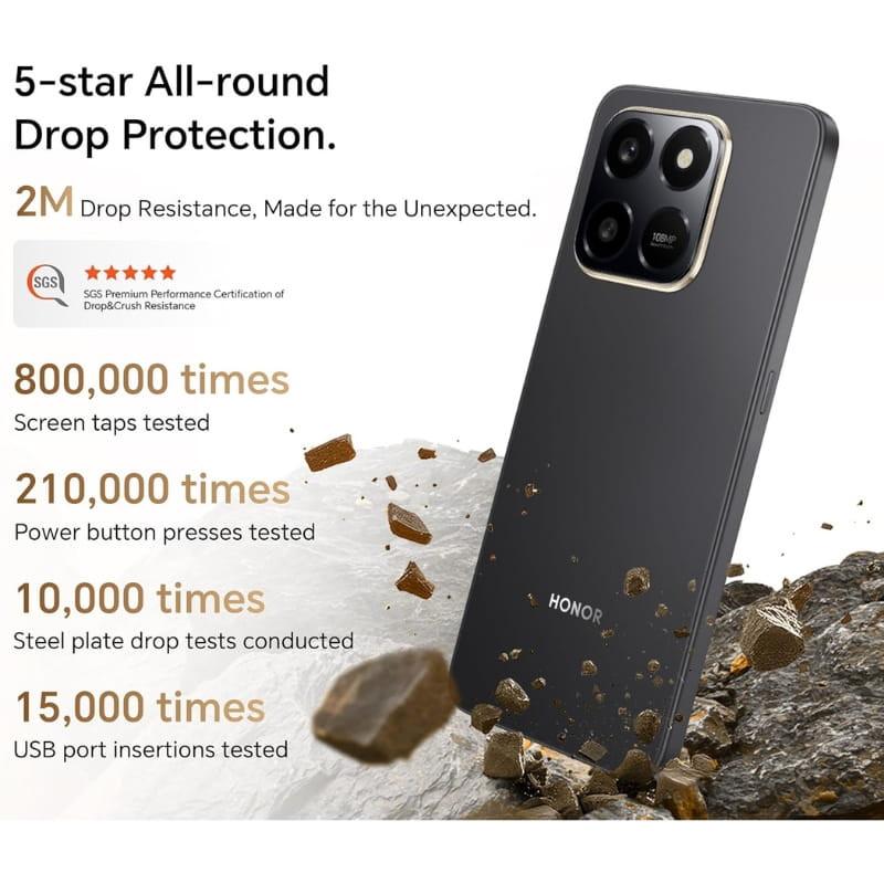 Honor X7D 6GB/128GB negro con módulo de cámara triple grande, acabado mate oscuro y bordes curvos; destaca durabilidad y resistencia a caídas