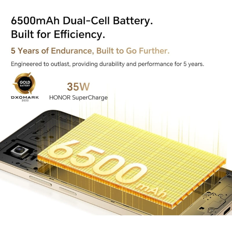 Honor X7D 6GB/128GB Negro con batería dual 6500 mAh y carga rápida 35W HONOR SuperCharge, diseño interno visible y módulo dorado resaltado