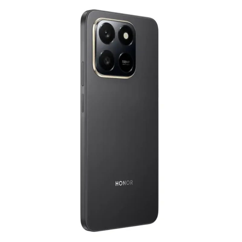 Honor X7D 8GB/256GB Negro con trasera mate, módulo de triple cámara en marco dorado y lente 50 MP, bordes rectos y botones laterales discretos