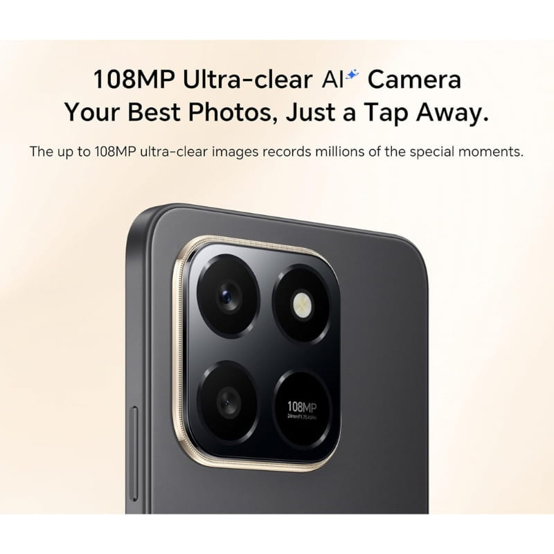 Honor X7D 8GB/256GB Cian con módulo de cámara trasera cuadrado dorado, triple lente y sensor 108MP; bordes planos y acabado elegante en tono cian