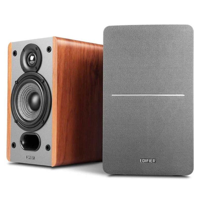 Edifier P12 40W Roble - Altavoces pasivos de estantería, caja de madera roble, frontal gris con woofer, tweeter y puerto bass reflex; rejilla desmontable gris