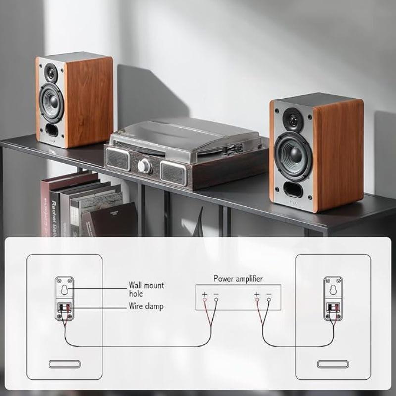 Edifier P12 40W Roble, altavoces pasivos con acabado en madera, tweeter y woofer visibles, rejilla extraíble y diagrama de conexión a amplificador y pared