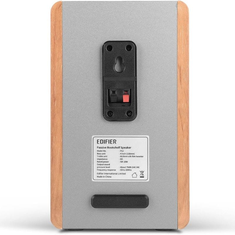 Edifier P12 40W Roble – Altavoz pasivo de estantería, panel trasero gris con puerto de montaje, bornes rojo/negro y laterales en acabado roble