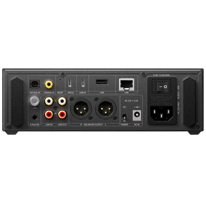 FiiO K15 - panel trasero con entradas óptica y coaxial, USB, LAN, RCA, salida balanceada XLR, salida 4.4 mm, control de ganancia, fusible y alimentación IEC