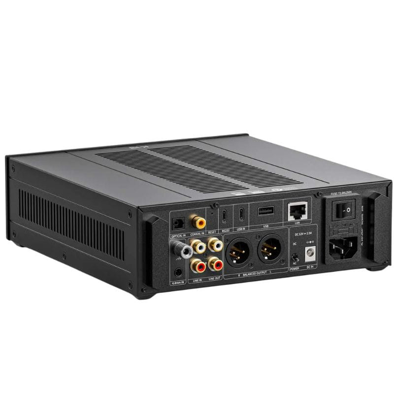 FiiO K15 - Amplificador/DAC de escritorio con chasis negro, ventilación superior y panel trasero con XLR balanceado, RCA, óptico, coaxial y USB de