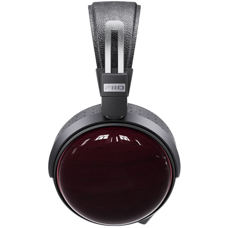 FiiO FT13 Noir - Casque supra-auriculaire avec coques rondes bordeaux brillantes, arceau rembourré texturé et finitions métalliques grises élégantes