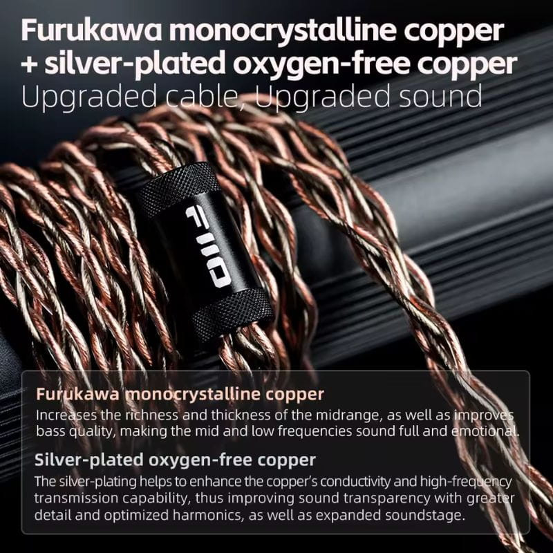 FiiO FT13 Noir – Câble audio tressé cuivre monocrystallin Furukawa avec brins plaqués argent, gaine robuste, serre-câble FiiO noir pour son amélioré